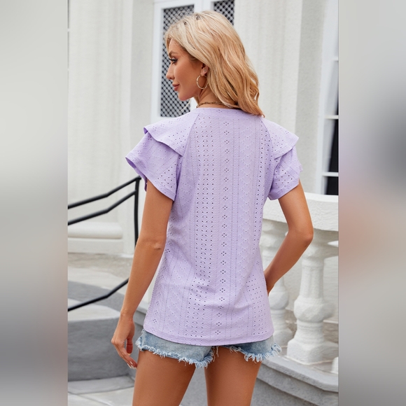 Eyelet Notched Short Sleeve T-Shirt Top - Picture 4 of 5